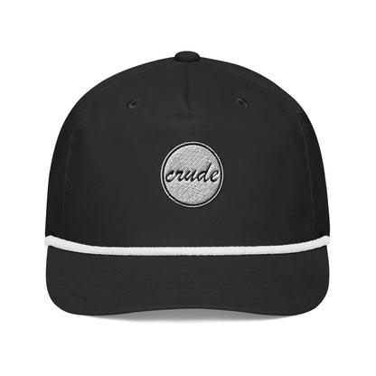 Black & White 5-panel Course Correction Rope Golf Hat with semi-curved bill and snapback closure; crude oil golf hat