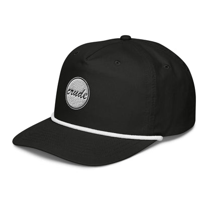Black & White 5-panel Course Correction Rope Golf Hat with semi-curved bill and snapback closure; crude oil golf hat