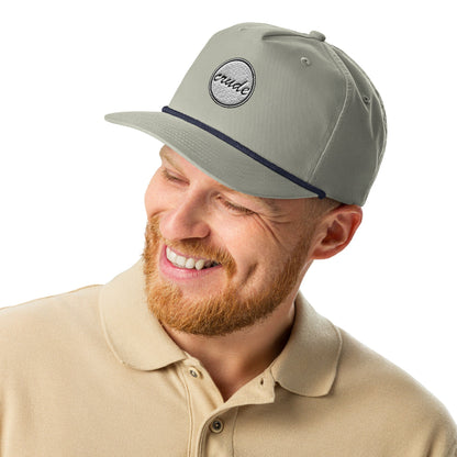 Light Grey & Navy Blue 5-panel Course Correction Rope Golf Hat with semi-curved bill and snapback closure; crude oil golf hat worn by smiling man