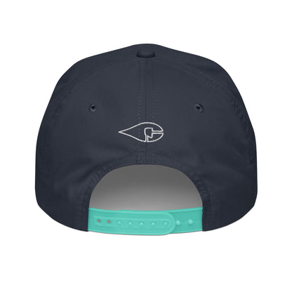 Navy Blue & Teal 5-panel Course Correction Rope Golf Hat with semi-curved bill and snapback closure; crude oil golf hat