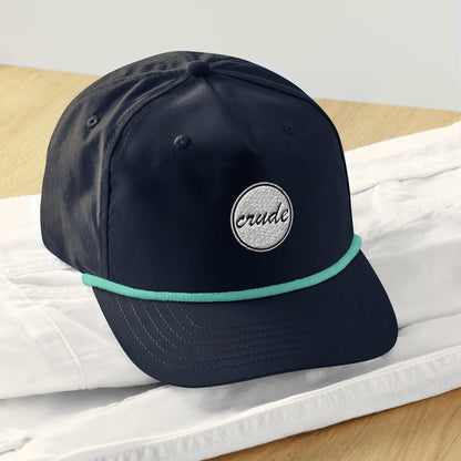 Navy Blue & Teal 5-panel Course Correction Rope Golf Hat with semi-curved bill and snapback closure; crude oil rope golf hat