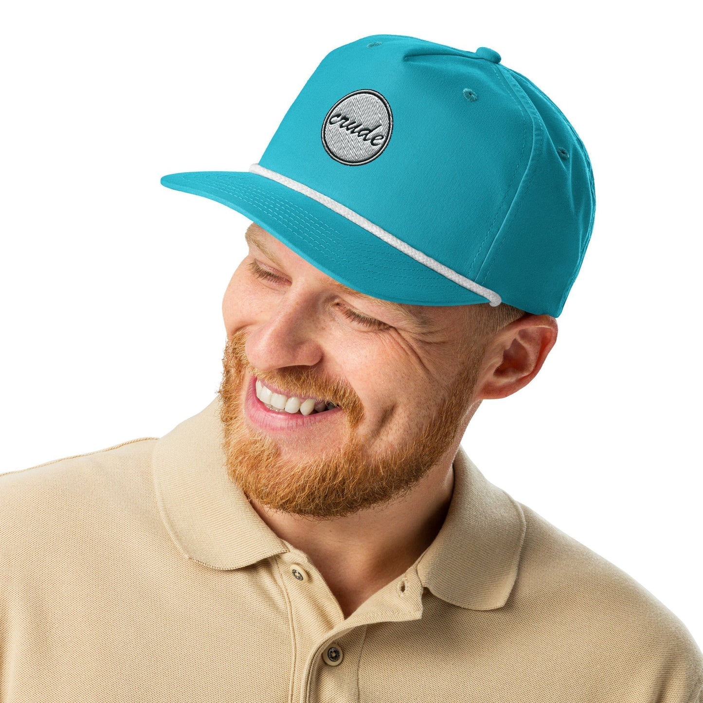 Turquoise Light Blue & White 5-panel Course Correction Rope Golf Hat with semi-curved bill and snapback closure; crude oil golf hat worn by a smiling man