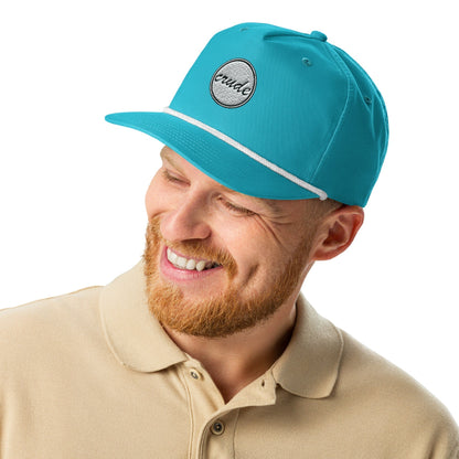 Turquoise Light Blue & White 5-panel Course Correction Rope Golf Hat with semi-curved bill and snapback closure; crude oil golf hat worn by a smiling man