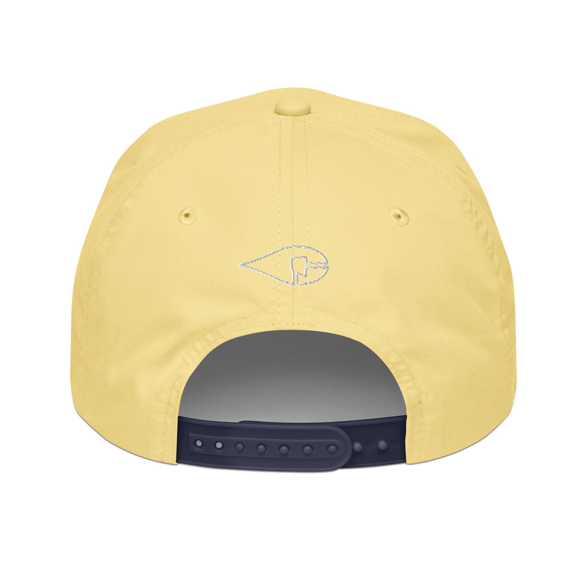 Yellow & Navy Blue 5-panel Course Correction Rope Golf Hat with semi-curved bill and snapback closure; crude oil golf hat