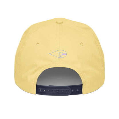 Yellow & Navy Blue 5-panel Course Correction Rope Golf Hat with semi-curved bill and snapback closure; crude oil golf hat