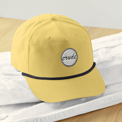 Yellow & Navy Blue 5-panel Course Correction Rope Golf Hat with semi-curved bill and snapback closure; crude oil golf hat