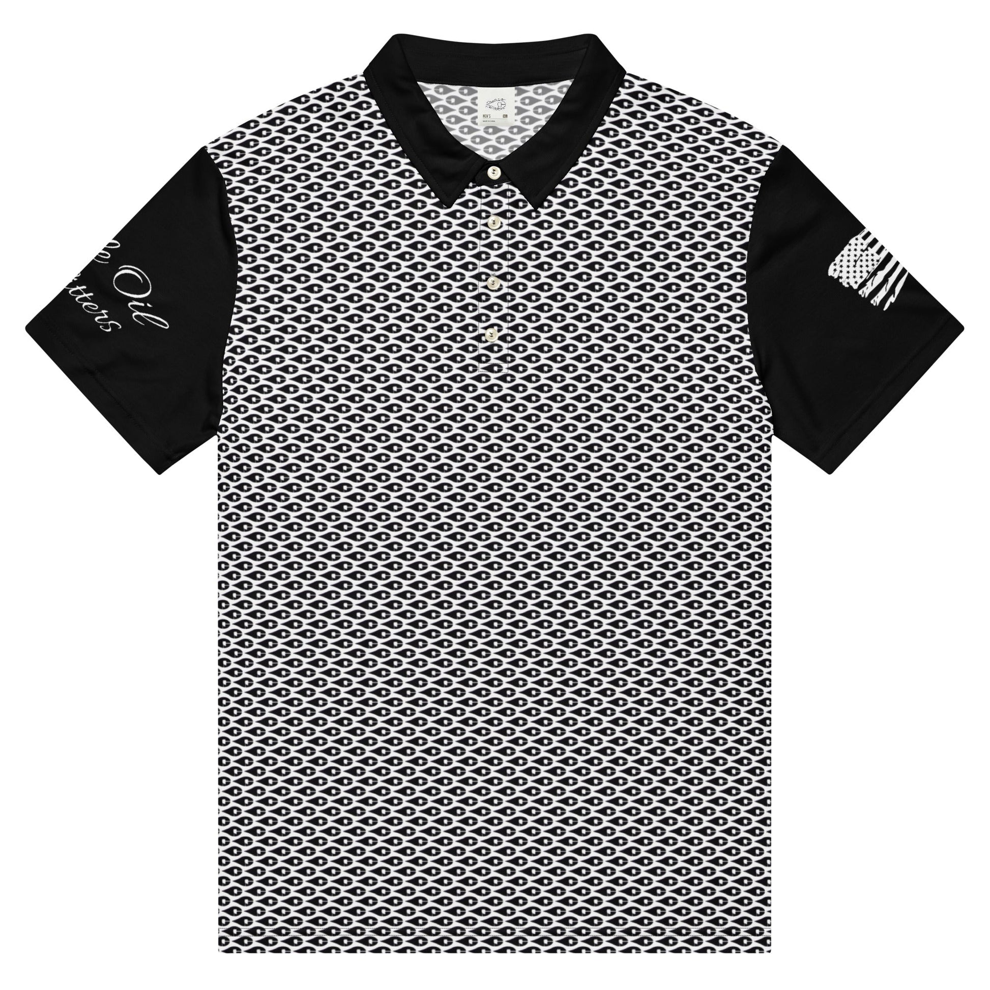 Crude Oil Polo shirt with sleek slim fit and classic collar. Decorated with Crude Oil Outfitters in script on the right sleeve and a distressed American Flag on the left sleeve