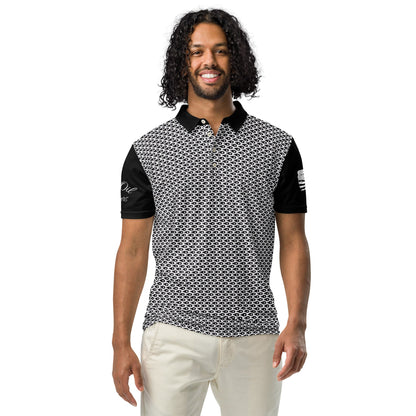 Crude Oil Polo shirt with sleek slim fit and classic collar. Decorated with Crude Oil Outfitters in script on the right sleeve and a distressed American Flag on the left sleeve