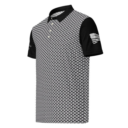 Crude Oil Polo shirt with sleek slim fit and classic collar. Decorated with Crude Oil Outfitters in script on the right sleeve and a distressed American Flag on the left sleeve