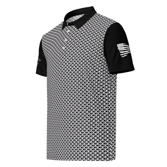 Crude Oil Polo shirt with sleek slim fit and classic collar. Decorated with Crude Oil Outfitters in script on the right sleeve and a distressed American Flag on the left sleeve