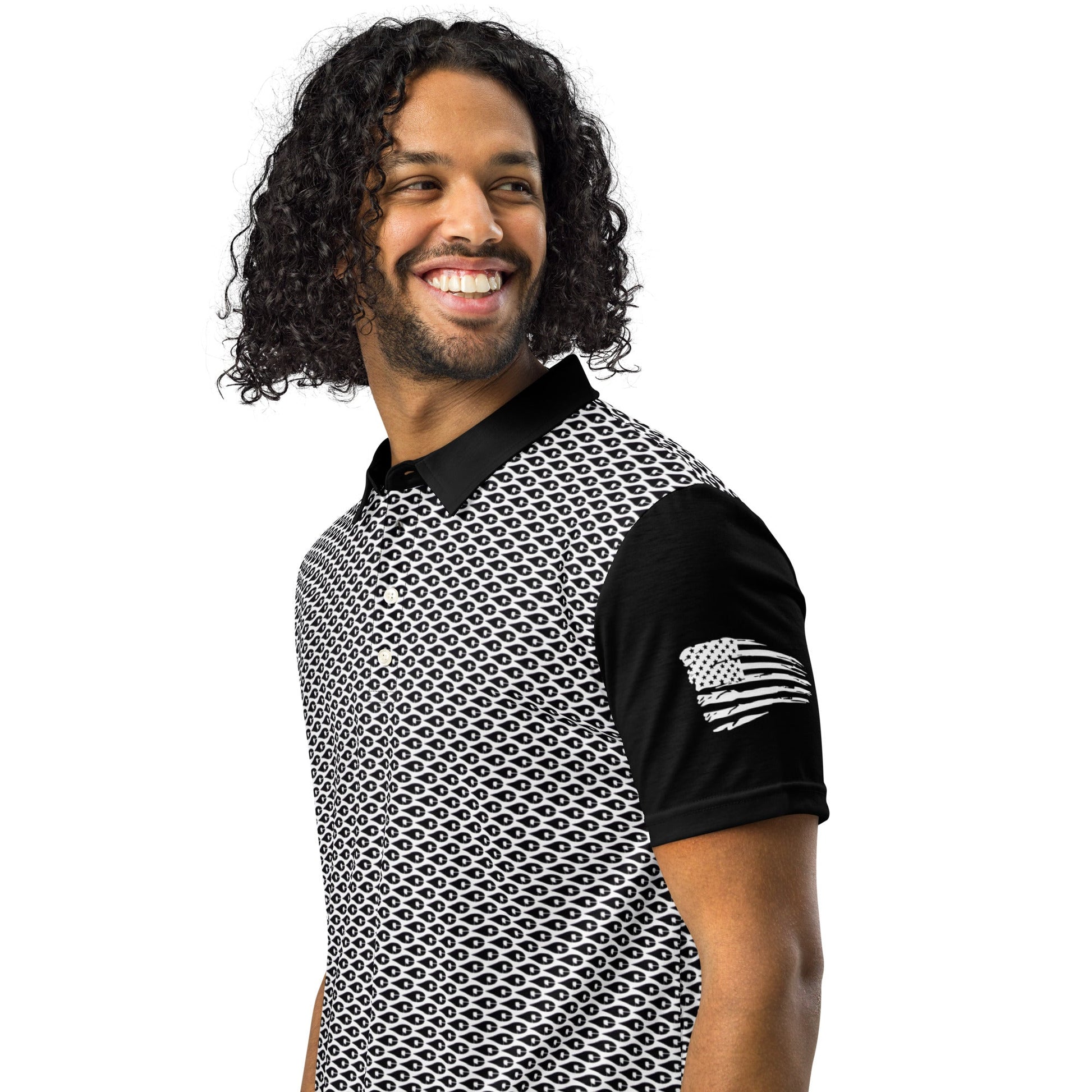 Crude Oil Polo shirt with sleek slim fit and classic collar. Decorated with Crude Oil Outfitters in script on the right sleeve and a distressed American Flag on the left sleeve