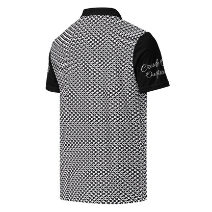 Crude Oil Polo shirt with sleek slim fit and classic collar. Decorated with Crude Oil Outfitters in script on the right sleeve and a distressed American Flag on the left sleeve