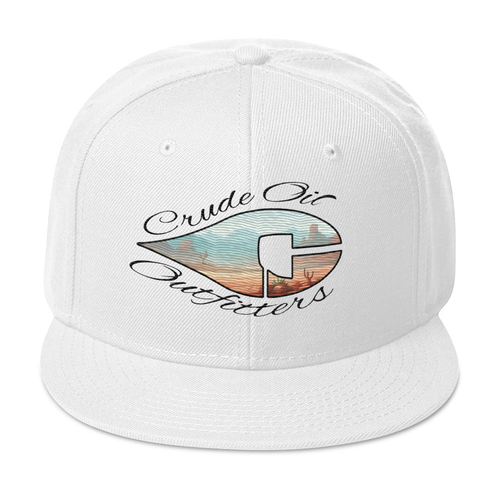 Crude Western Window Snapback hat with white design, structured 6-panel, flat visor.