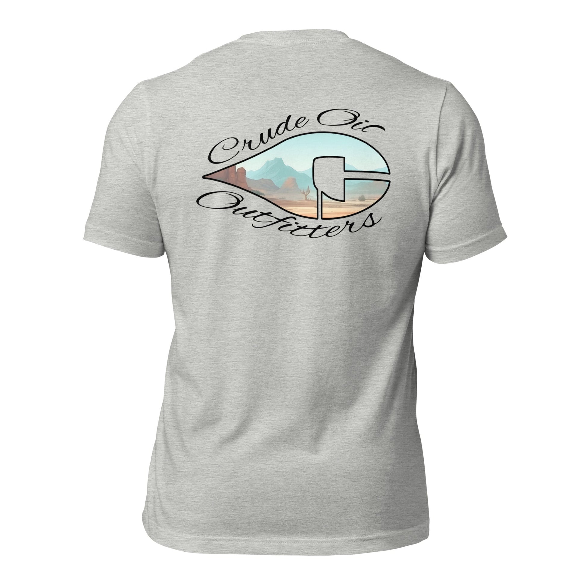 Crude Oil Outfitters Western Window T-Shirt with desert mountain graphic on white cotton fabric.