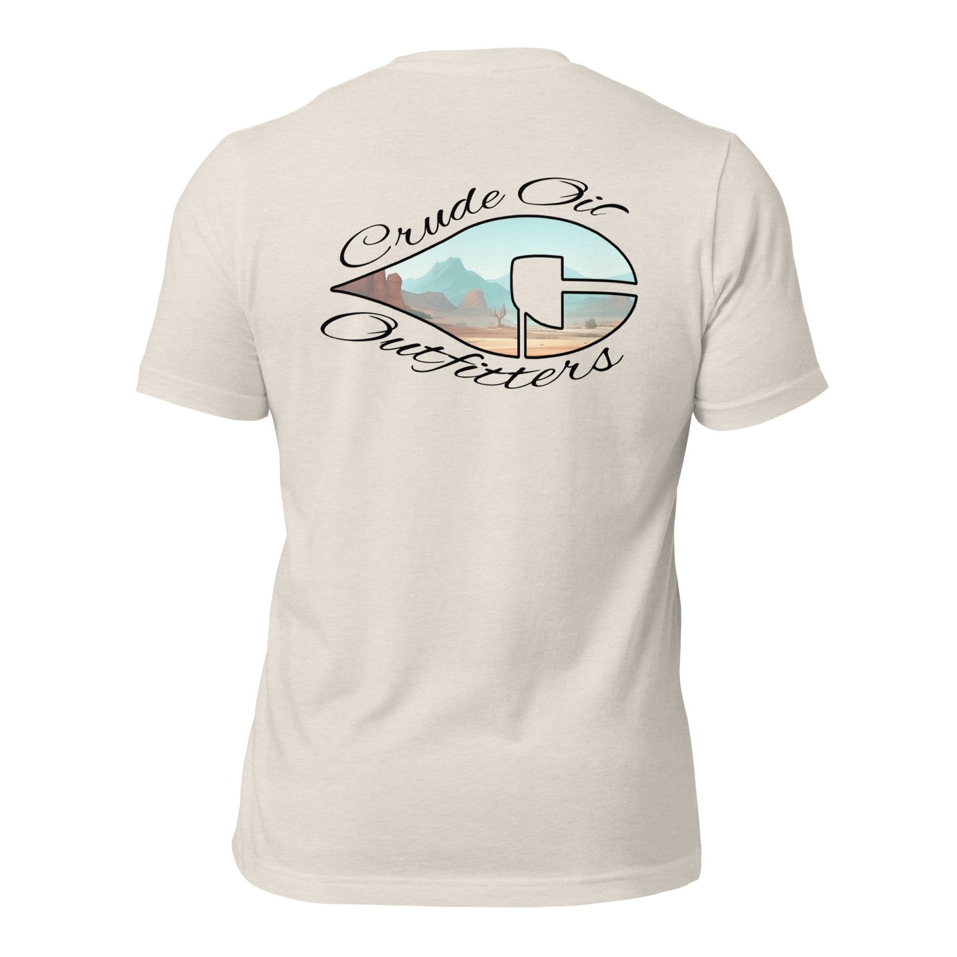 Crude Oil Outfitters Western Window T-Shirt with desert mountain graphic on white cotton fabric.