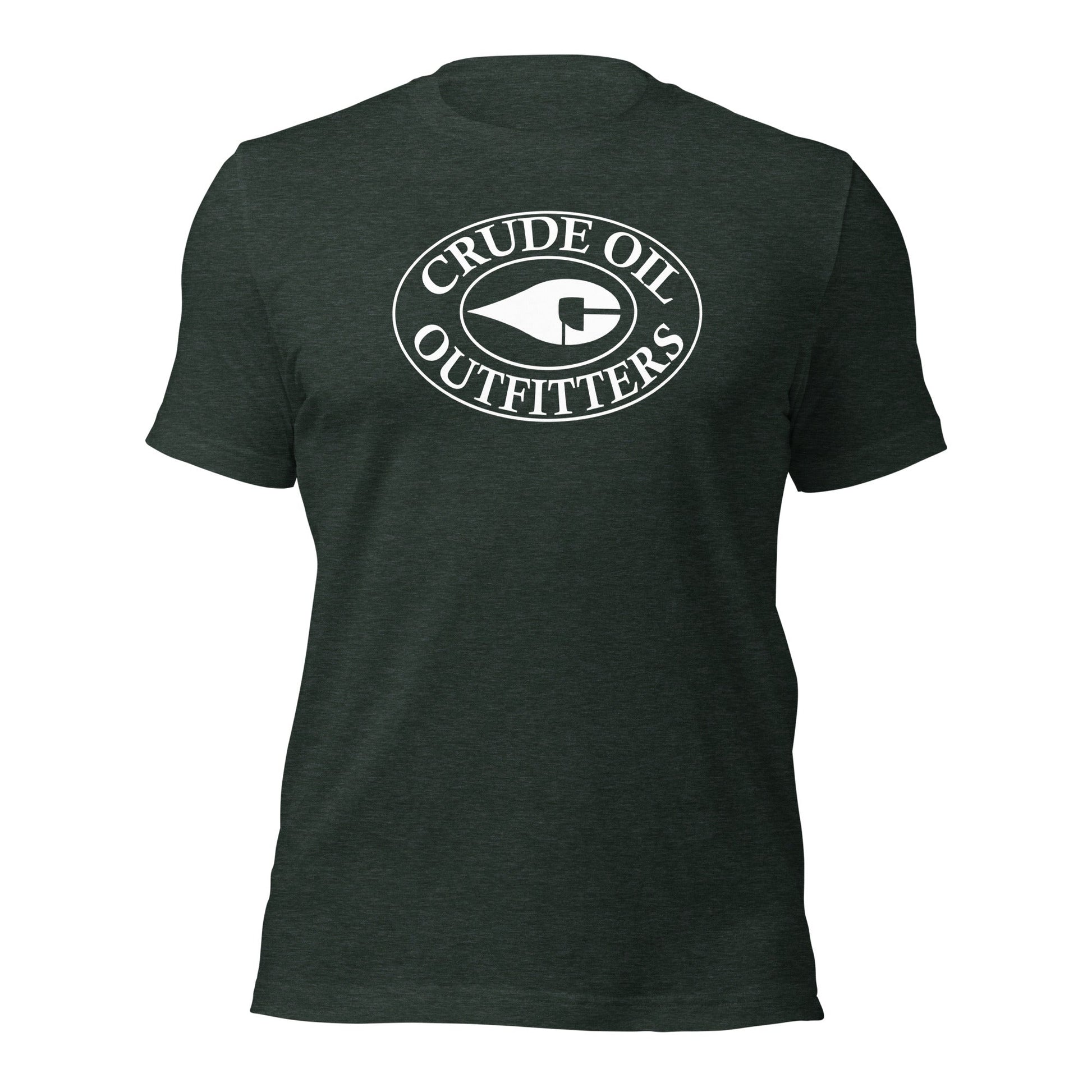 Heather Forest Green Crude Oil t-shirt with "Crude Oil Outfitters" logo, lightweight cotton.