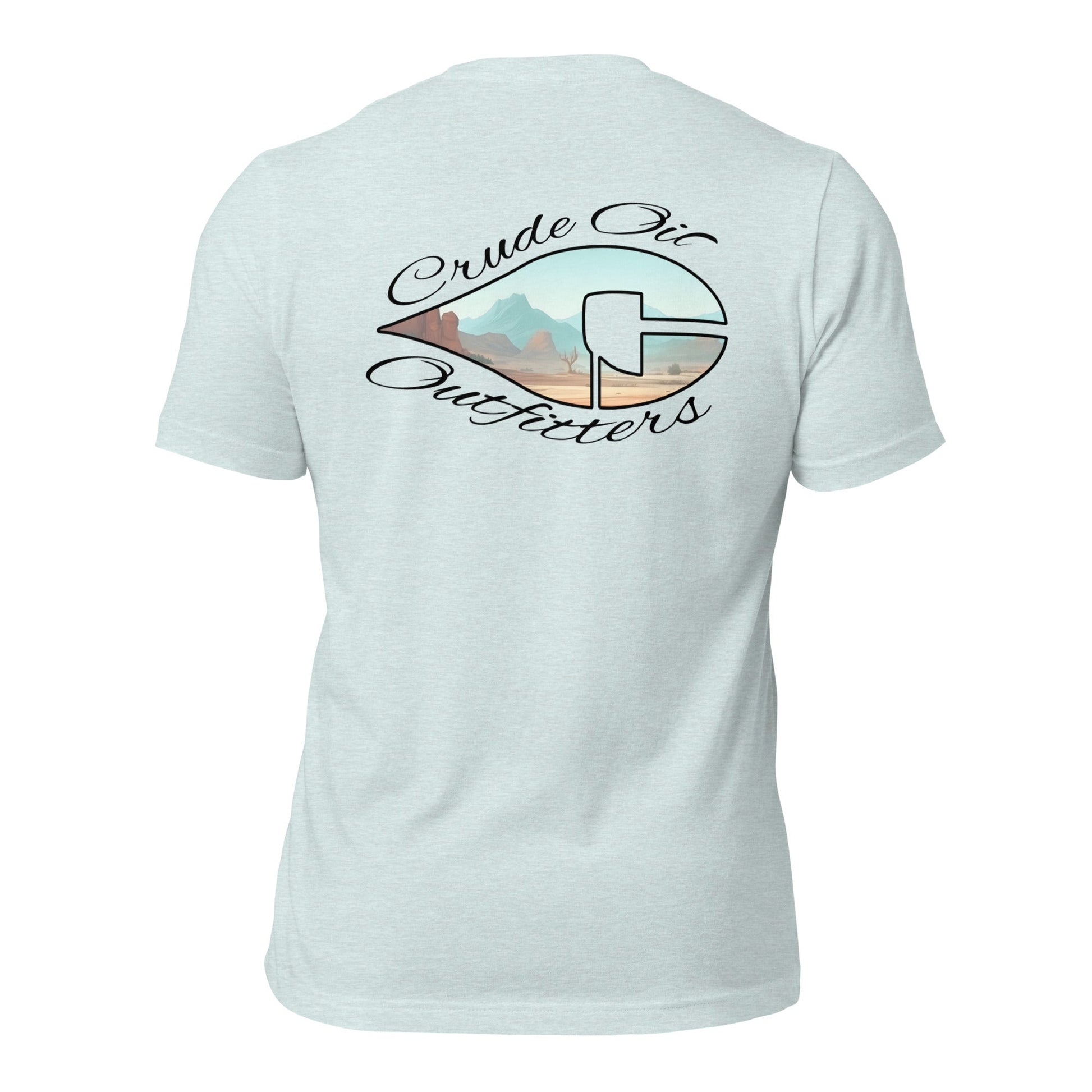 Crude Oil Outfitters Western Window T-Shirt with desert mountain graphic on white cotton fabric.