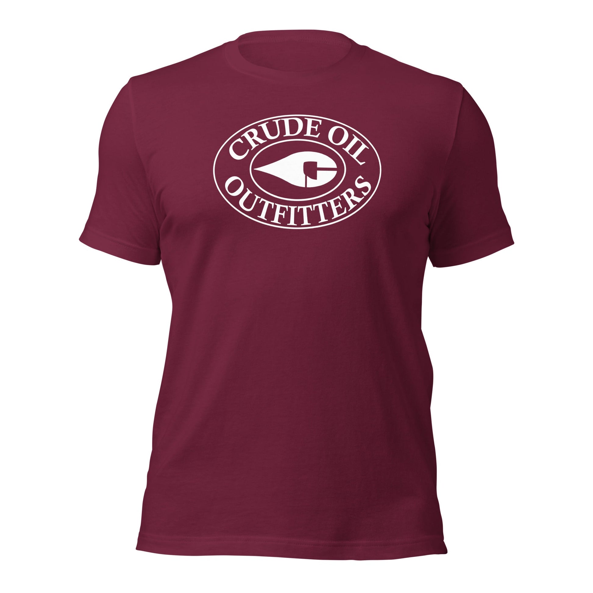 Maroon Crude Oil t-shirt with "Crude Oil Outfitters" logo, lightweight cotton.