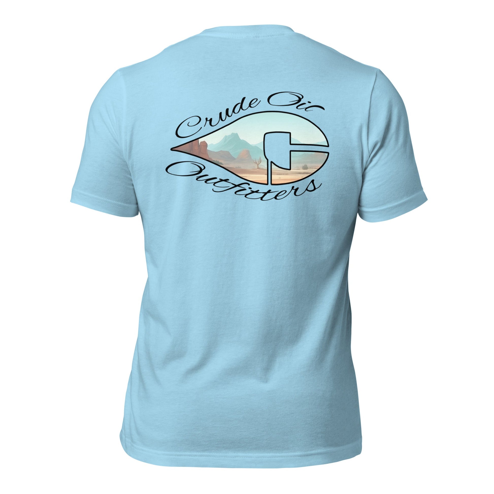 Crude Oil Outfitters Western Window T-Shirt with desert mountain graphic on white cotton fabric.