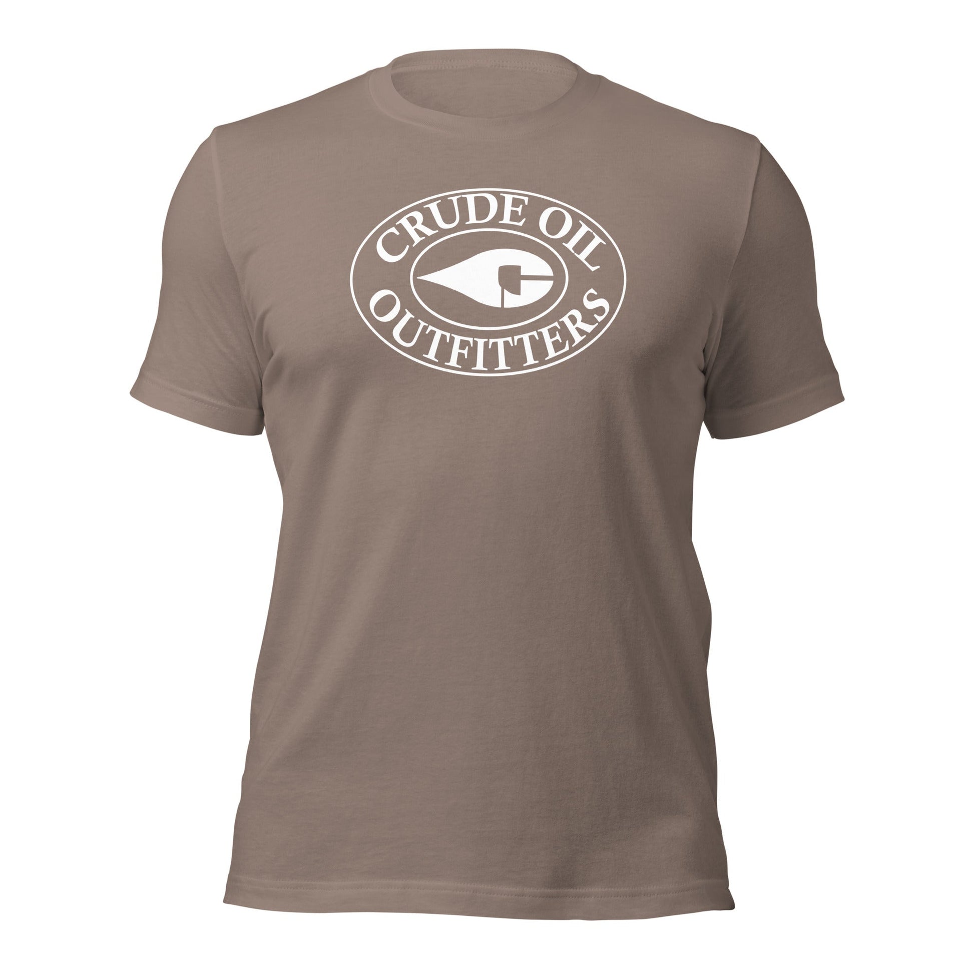 Pebble Tan Crude Oil t-shirt with "Crude Oil Outfitters" logo, lightweight cotton.