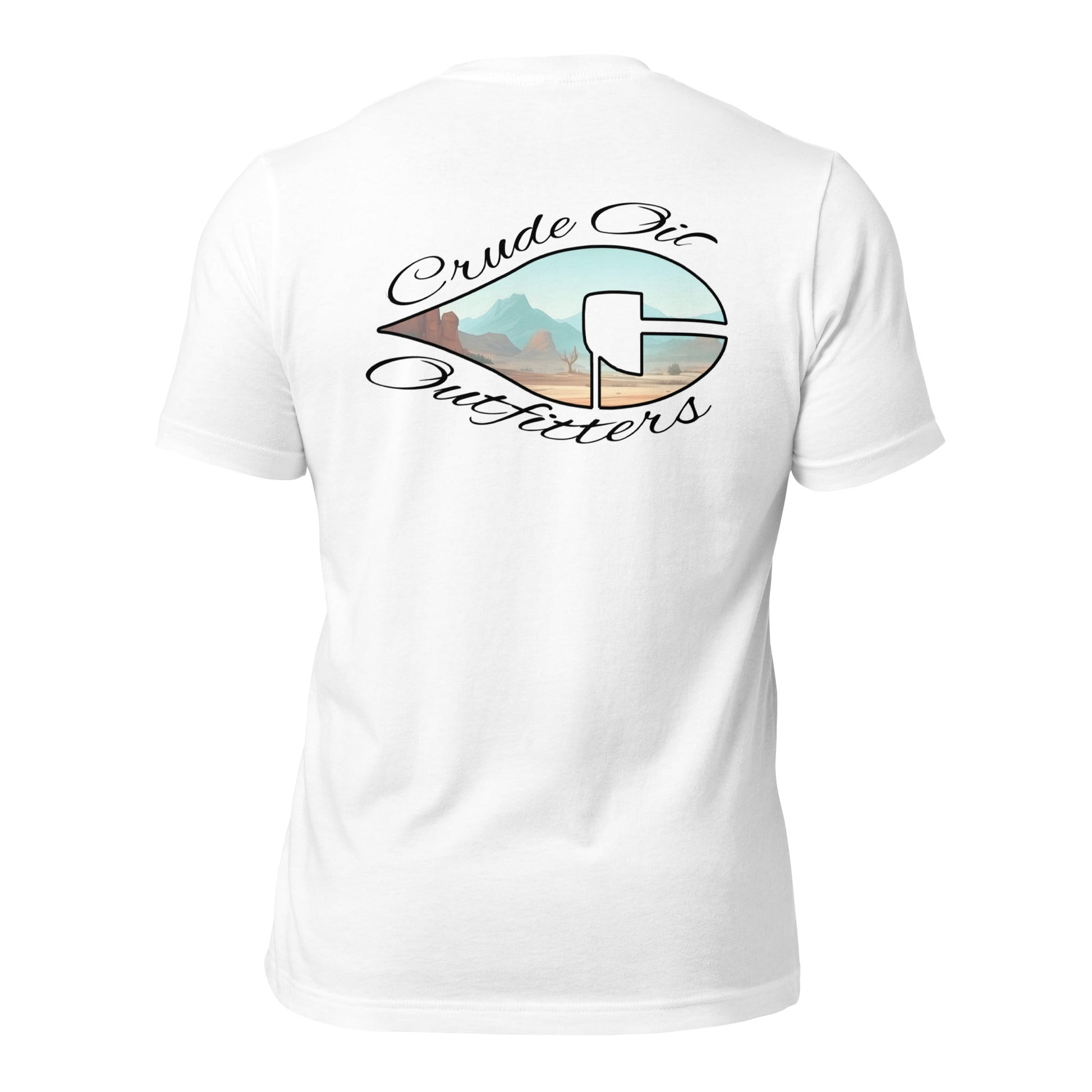 Crude Oil Outfitters Western Window T-Shirt with desert mountain graphic on white cotton fabric.